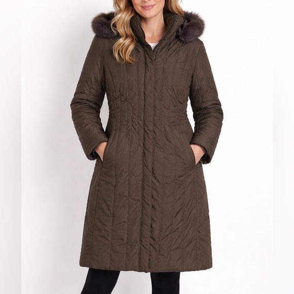 Nine West Brown Quilted Down Jacket Coat Rabbit Fur Trim Hooded Size Medium